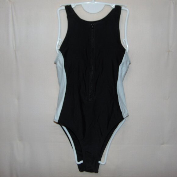 Black Front-Zip Swimsuit with White Sides S - Picture 1 of 7